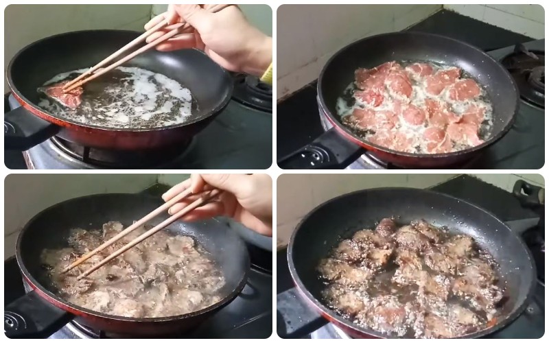 Công đoạn chiên ngập dầu thịt bò