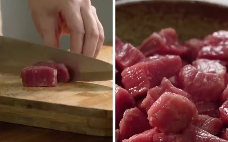 Cắt thịt bò thành miếng vuông dày