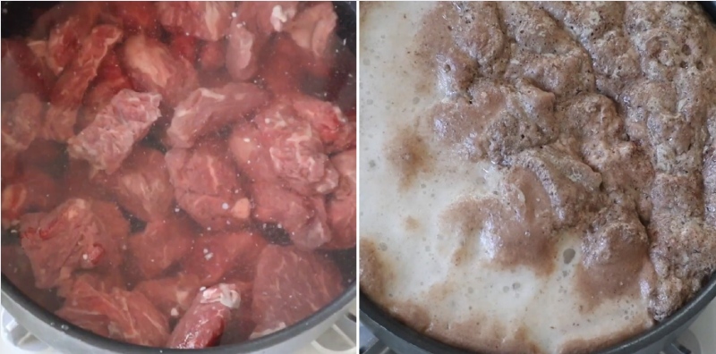 luộc thịt bò và xả lại với nước lạnh