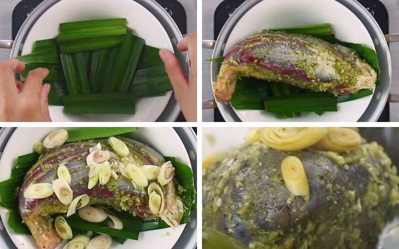 Hấp bò với lá dứa trong xửng hấp