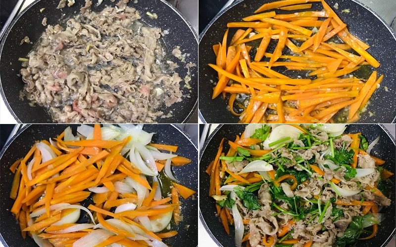 Tiến hành xào thịt bò với cà rốt