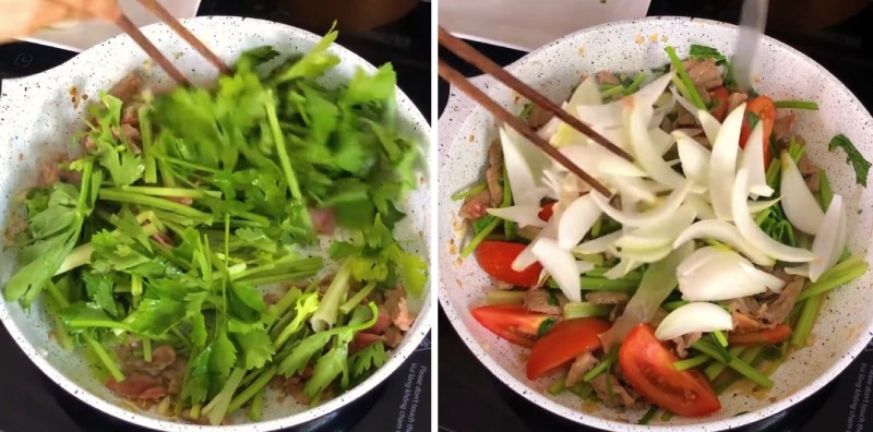 Tiến hành xào thịt bò và cần tây, hành tây