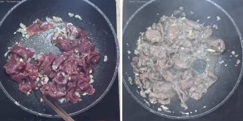 xào nhanh thịt bò vừa chín tái