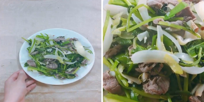 bày thịt bò xào cần tỏi ra đĩa và thưởng thức ngay
