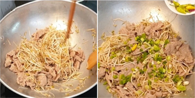 Rắc hành và hoàn tất món thịt bò xào giá đỗ