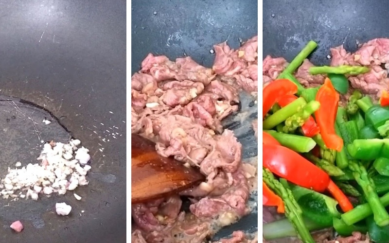 xào các nguyên liệu và đảo đều