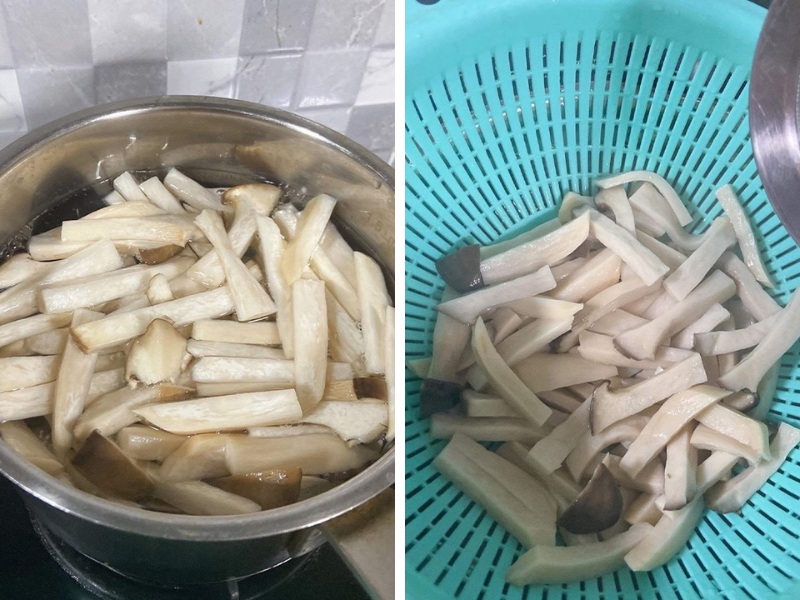 Đun nước sôi và luộc sơ nấm đùi gà