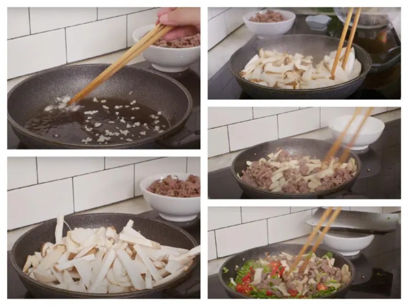Tiến hành xào thịt bò với nấm đùi gà