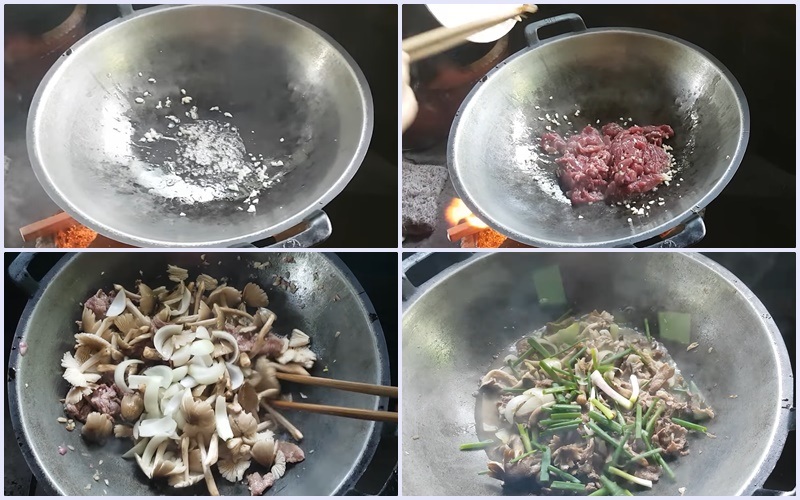 Công đoạn xào thịt bò với nấm mối