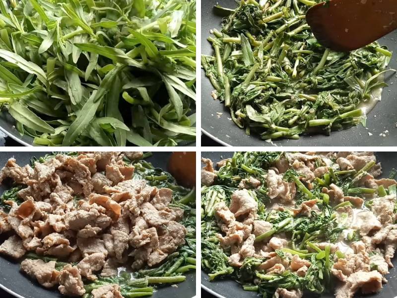 Khi thịt bò săn lại thì cho ngổ vào xào chung