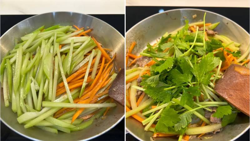 Cho rau củ vào xào chung với thịt bò