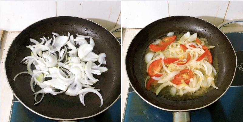cho hành tây và cà chua vào chảo nóng phi thơm