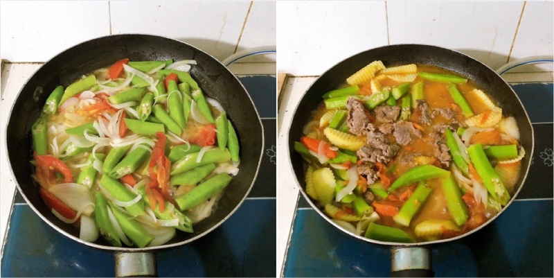 xào thịt bò với rau củ và đảo đều