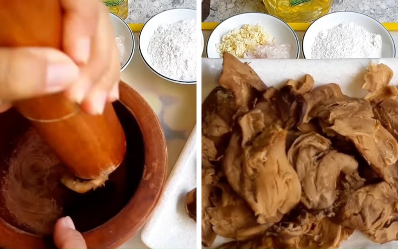 Cho từng miếng nấm vào cối và giã dẹp