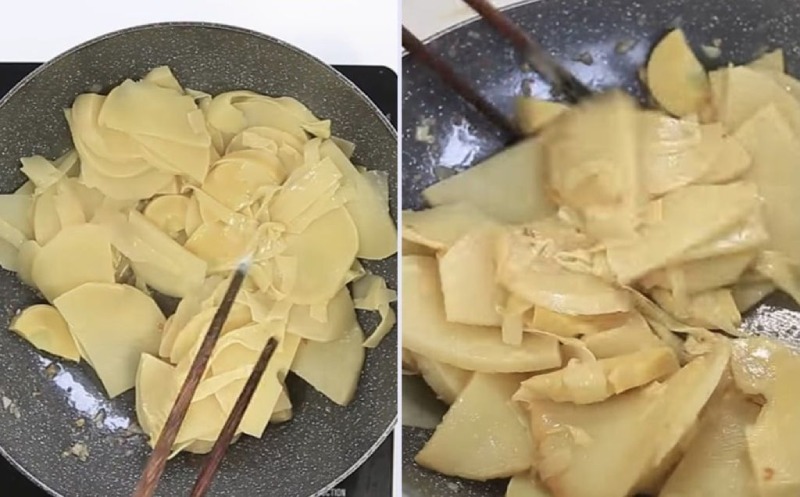Công đoạn xào măng tươi