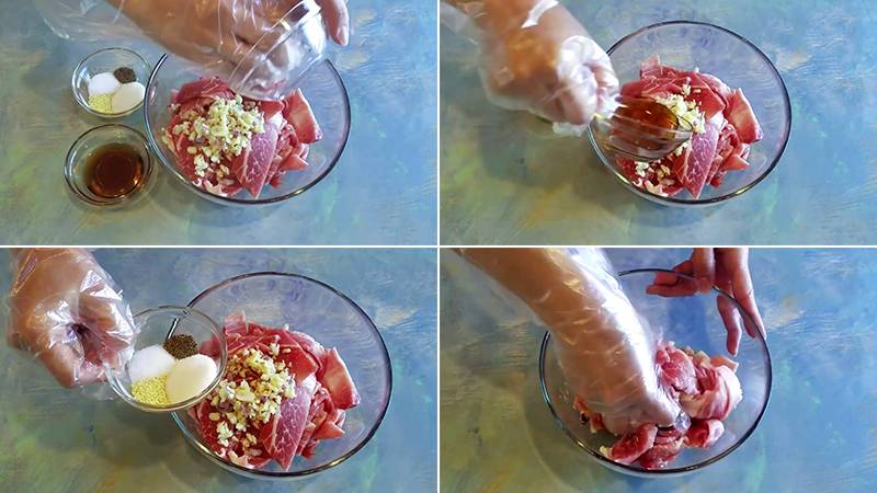 Tiến hành ướp thịt heo với hỗn hợp gia vị