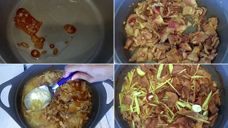 Tiến hành công đoạn kho thịt heo với gừng