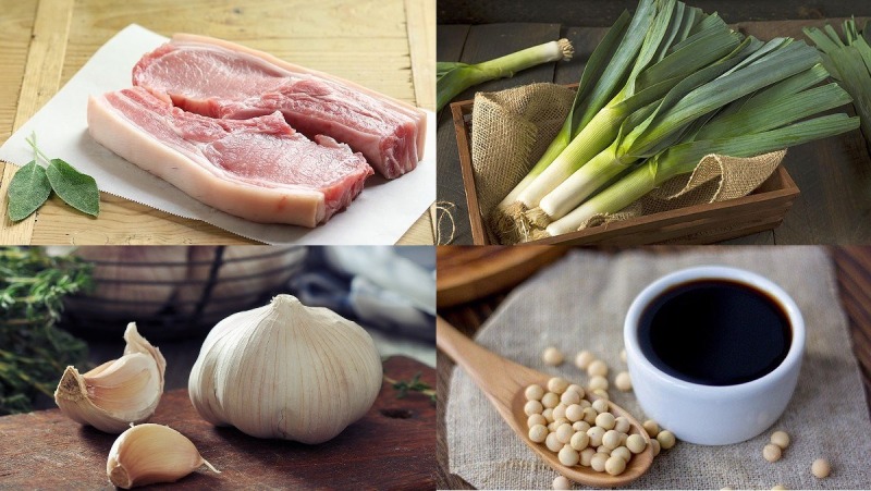 Nguyên liệu làm món thịt heo nướng sả gồm thịt, sả, tỏi, nước tương