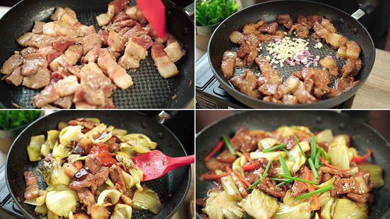 Công đoạn xào thịt heo rừng với cải chua