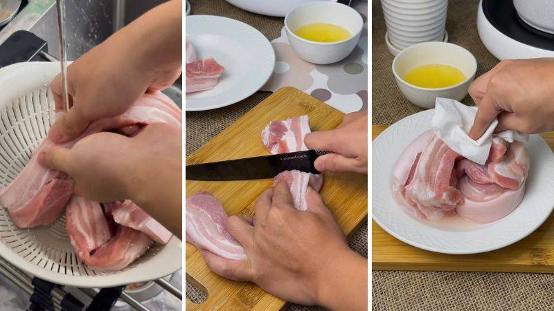 Thịt heo rửa sạch và cắt miếng vừa ăn