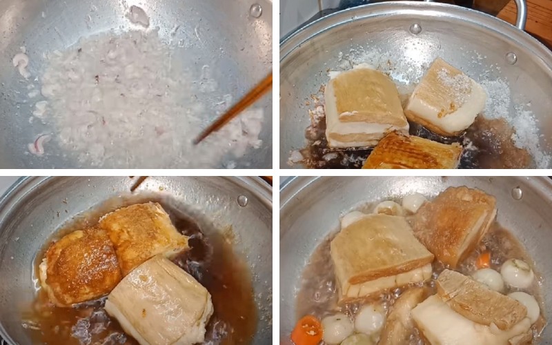 Tiến hành công đoạn kho thịt ba chỉ chay