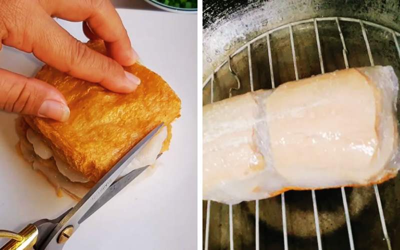 Công đoạn hấp thịt ba chỉ chay
