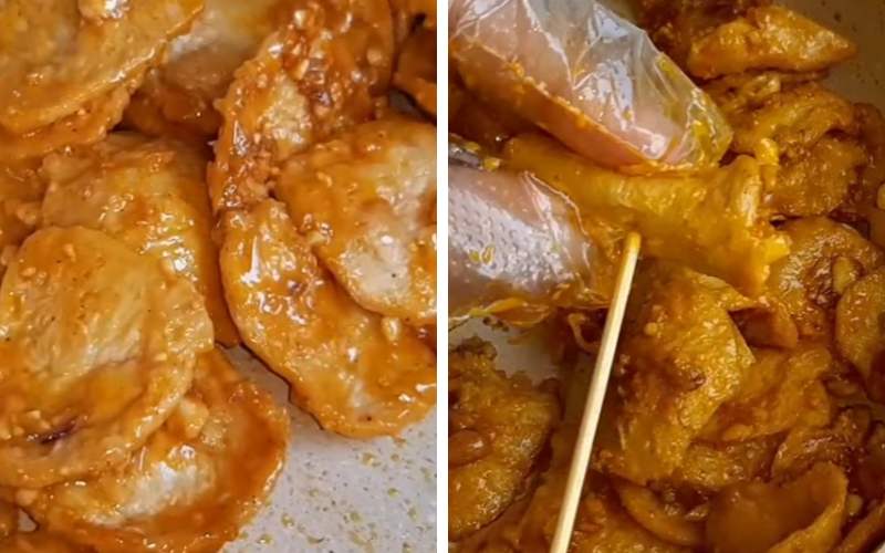 Cuộn lát heo chay, ghim que tre vào