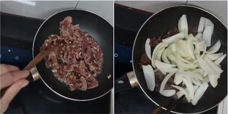 lần lượt xào tim bò với hành tây