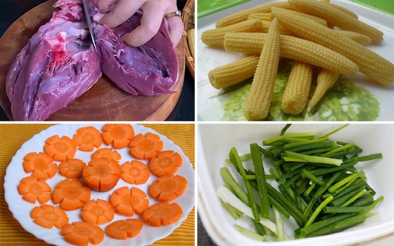 Các nguyên liệu xào cùng với tim gà