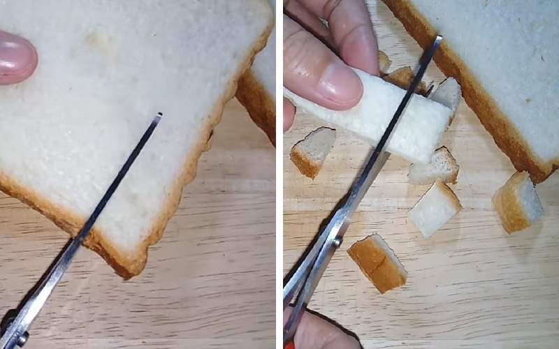 Cắt bánh mì sandwich thành các miếng vuông nhỏ