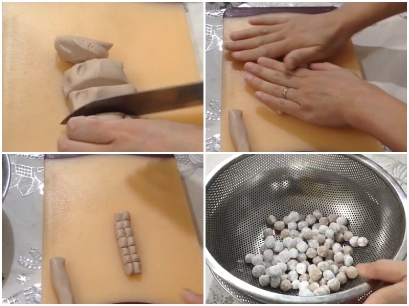 lăn bột thành dây dài, cắt khúc nhỏ và nặn hình viên tròn
