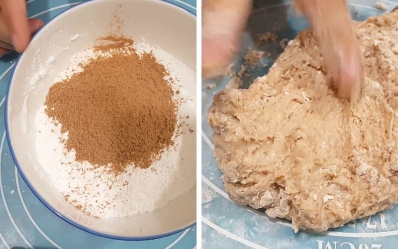 thấm ướt bột từ từ và nhào nhuyễn