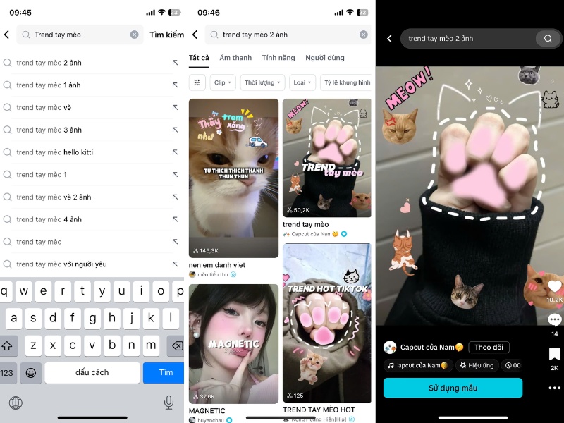 Tìm kiếm mẫu trend tay mèo trên ứng dụng capcut