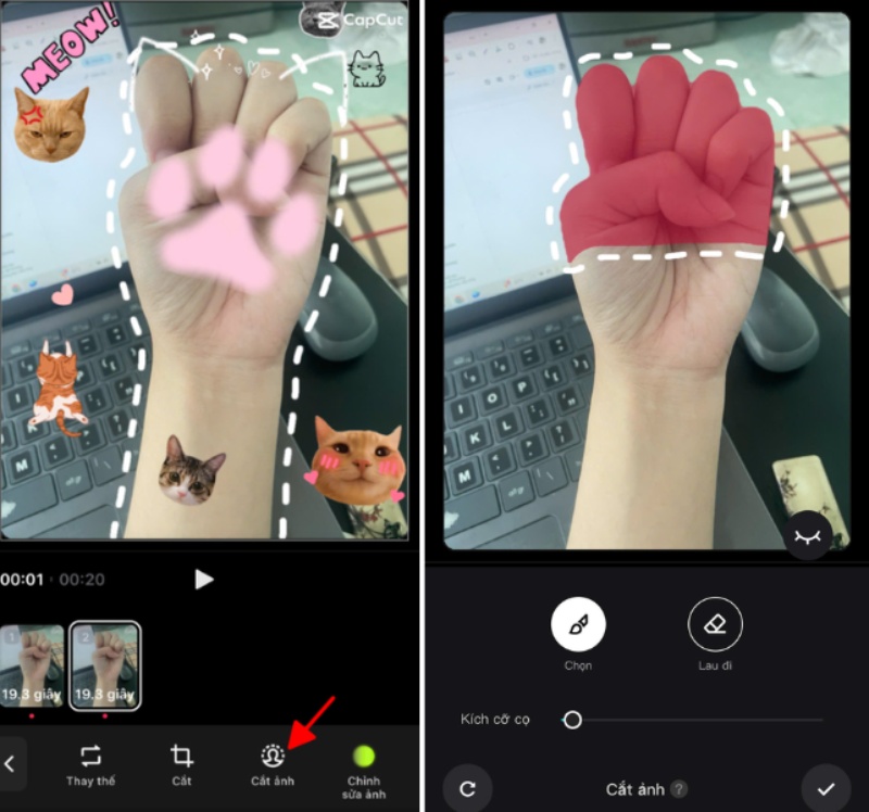 Chỉnh sửa vùng bàn tay trên app capcut