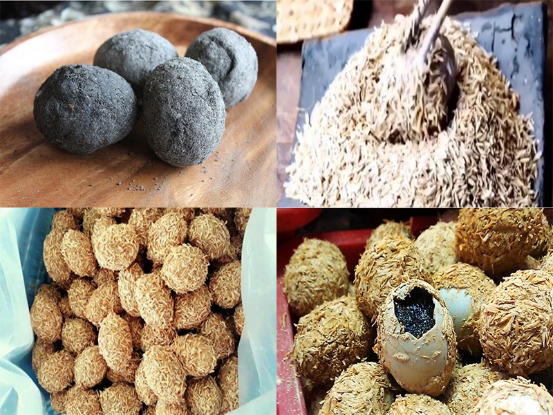 Trứng được phủ hỗn hợp bùn và trấu để ủ làm trứng bắc thảo