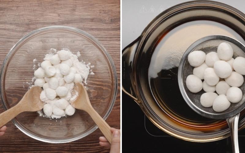 Trộn trứng cút vừa bóc vỏ với bột mì