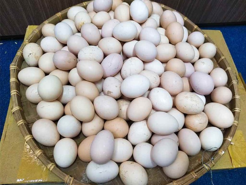 Trứng gà tươi ngon xếp trong rổ tre chuẩn bị muối