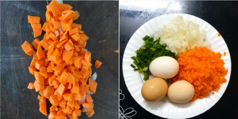 Nguyên liệu gồm trứng, cà rốt, hành tây, hành lá