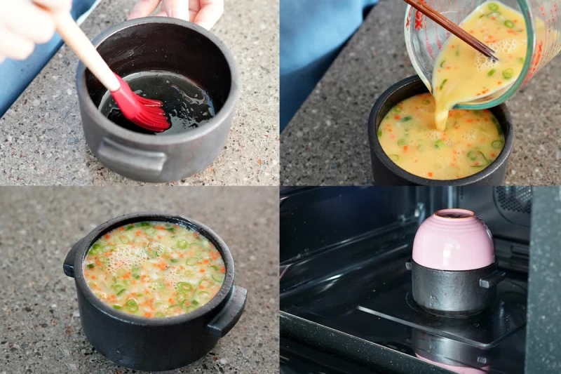 Đổ hỗn hợp trứng rau củ vào nồi và hấp chín