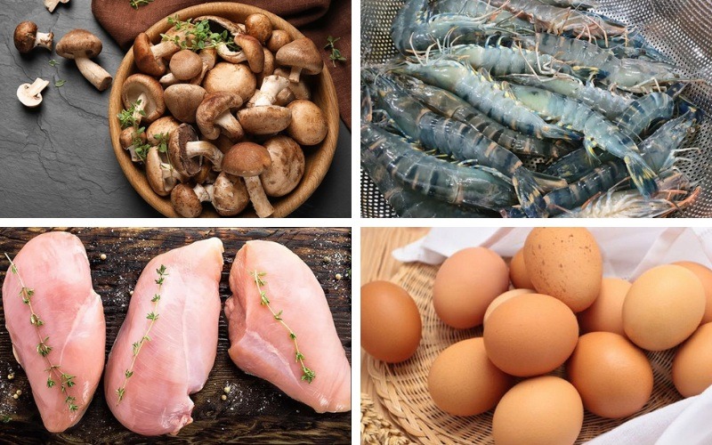 Nguyên liệu gồm nấm, tôm, ức gà và trứng gà tươi