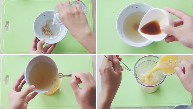Pha hỗn hợp trứng với nước dùng và gia vị, lọc mịn trước khi hấp