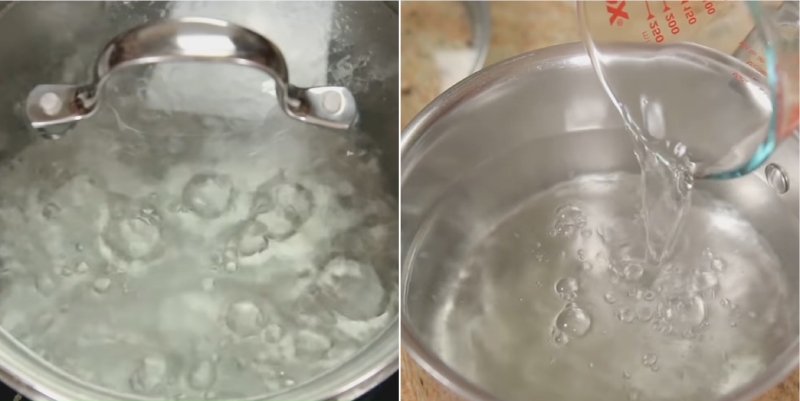 Đun nước sôi chuẩn bị làm trứng Onsen