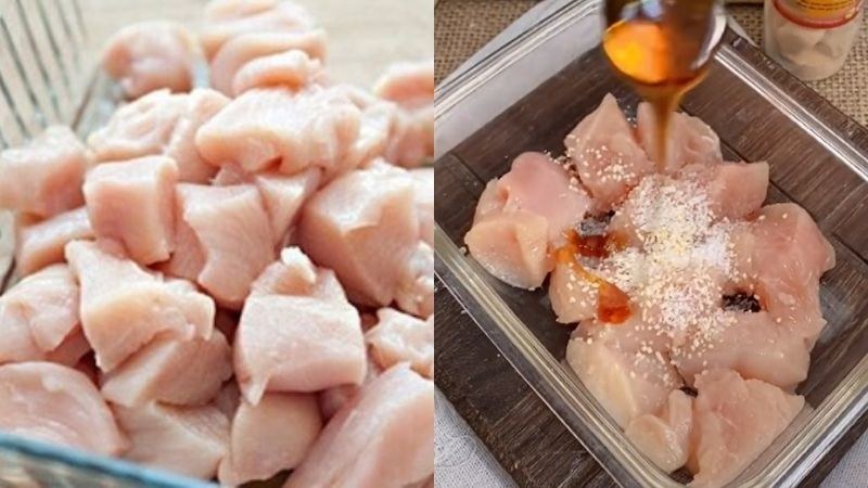 Công đoạn ướp ức gà với hỗn hợp gia vị