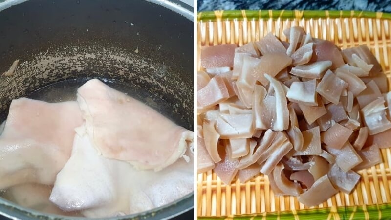 Luộc và thái bì heo để nấu món thịt đông ngày Tết