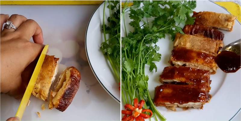  Rưới sốt và rắc mè rang lên thịt vịt chay