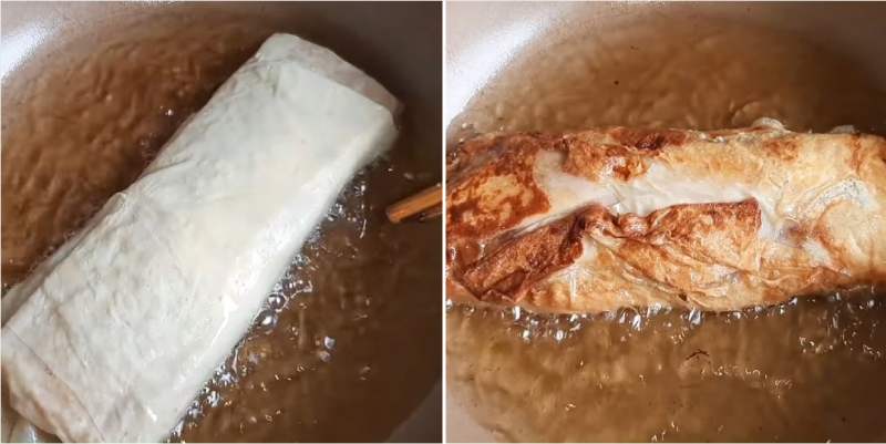 Rán thịt vịt chay trên chảo dầu nóng