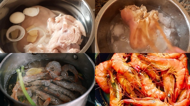 Luộc tôm và tai heo