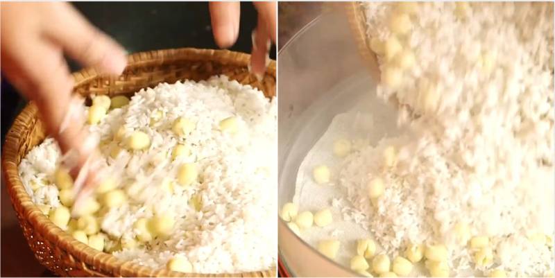 Quá trình trộn nếp và hấp xôi