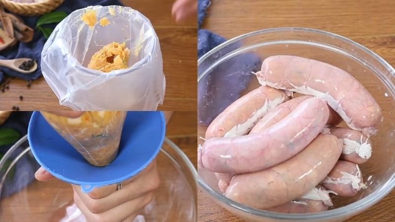 Hỗn hợp thịt được nhồi vào vỏ xúc xích bằng túi bắt kem
