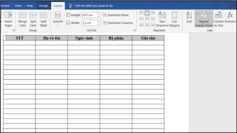 Tính năng Repeat Header Rows trong tab Layout của Word